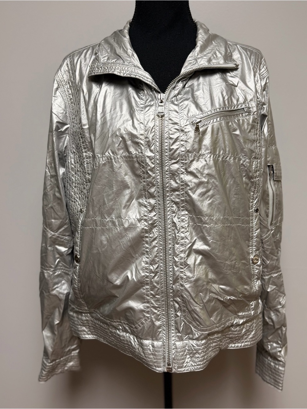 Lauren Active Ralph Lauren Silver Metallic Zip Up Jacket Windbreaker Women's XL